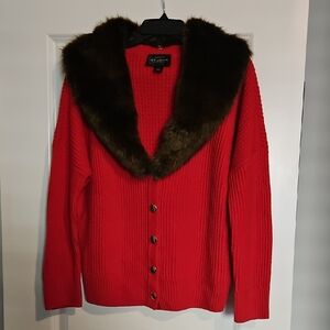 St. John Vibrant Red Knit with Luxurious Brown Faux Fur